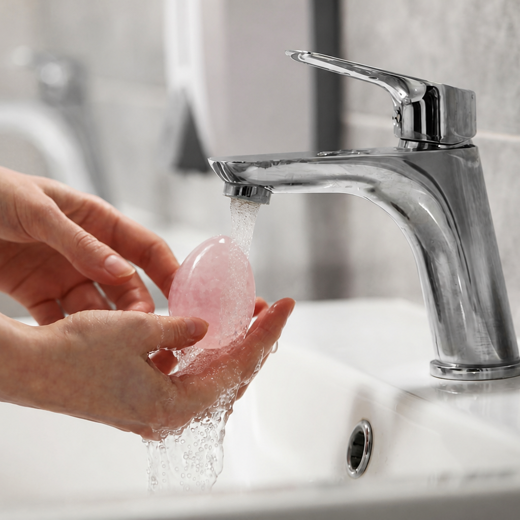 une femme lave son oeuf de yoni en quartz rose
