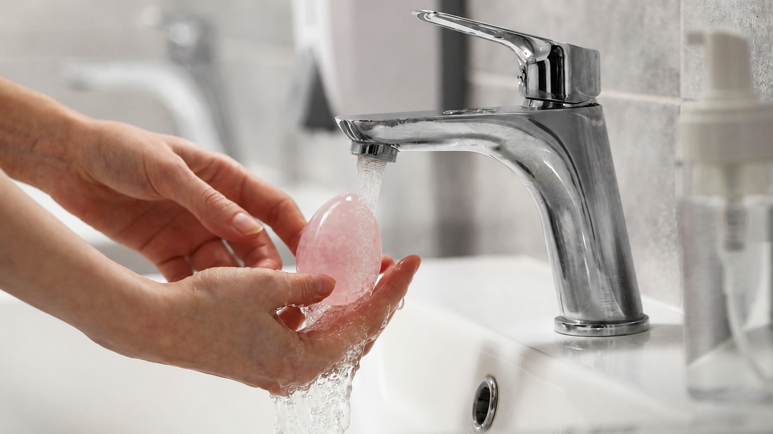 une femme lave son oeuf de yoni en quartz rose