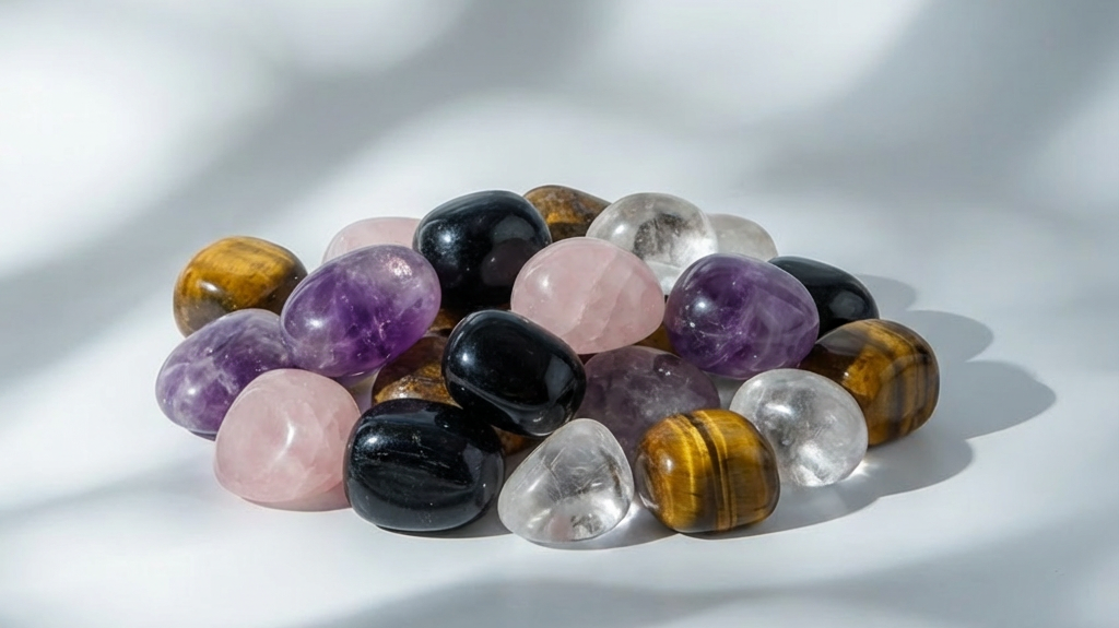 les 5 pierres essentielles pour debuter en lithotherapie : amethystte, quartz rose, cristal de roche, oeil de tigre et tourmaline noire