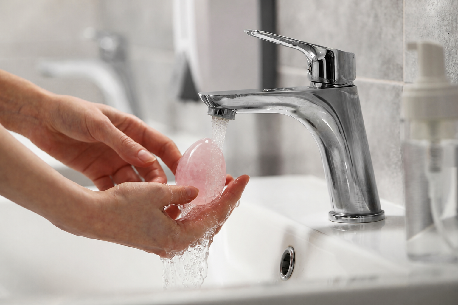 une femme lave son oeuf de yoni en quartz rose