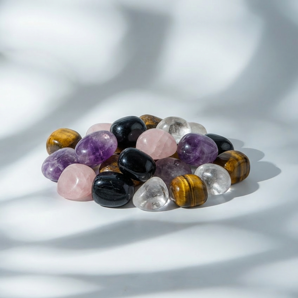 les 5 pierres essentielles pour debuter en lithotherapie : amethystte, quartz rose, cristal de roche, oeil de tigre et tourmaline noire