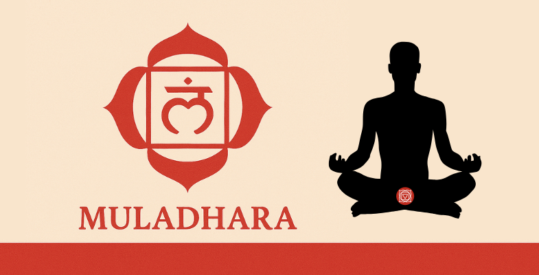 Symbole rouge du chakra racine Muladhara avec un lotus à quatre pétales et le bija mantra Lam.