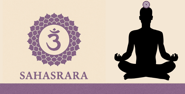Symbole violet du chakra coronal Sahasrara avec un lotus à mille pétales et le bija mantra Om