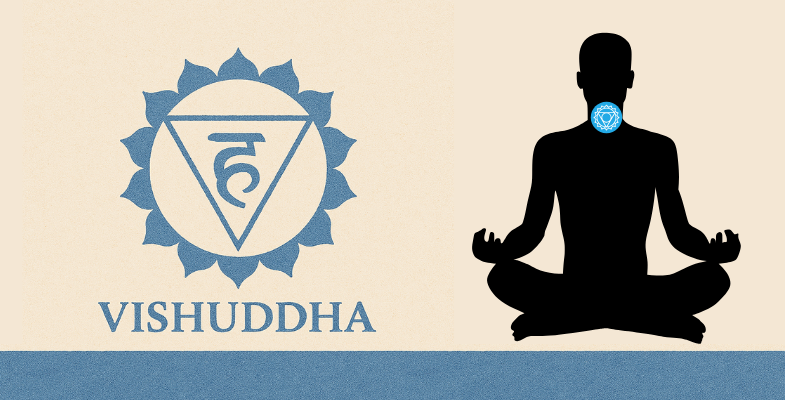 Symbole bleu du chakra de la gorge Vishuddha avec un lotus à seize pétales et le bija mantra Ham
